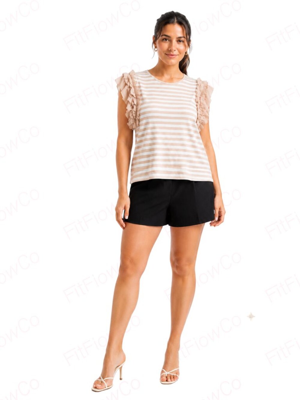 CUPIO Striped Chiffon Ruffle Sleeve Top Women XL Blush Beige Cream NWT